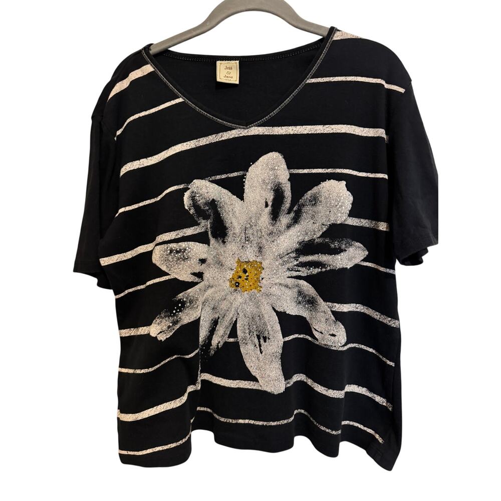 Jess & Jane Women's Lazy Daisy Top Size L Black Striped Rhinestones Artsy Boho
